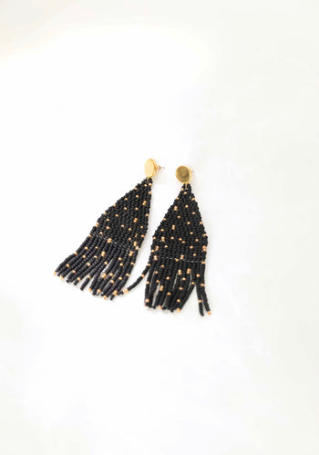 Annie Beaded Fringe Earrings- Black/Gold